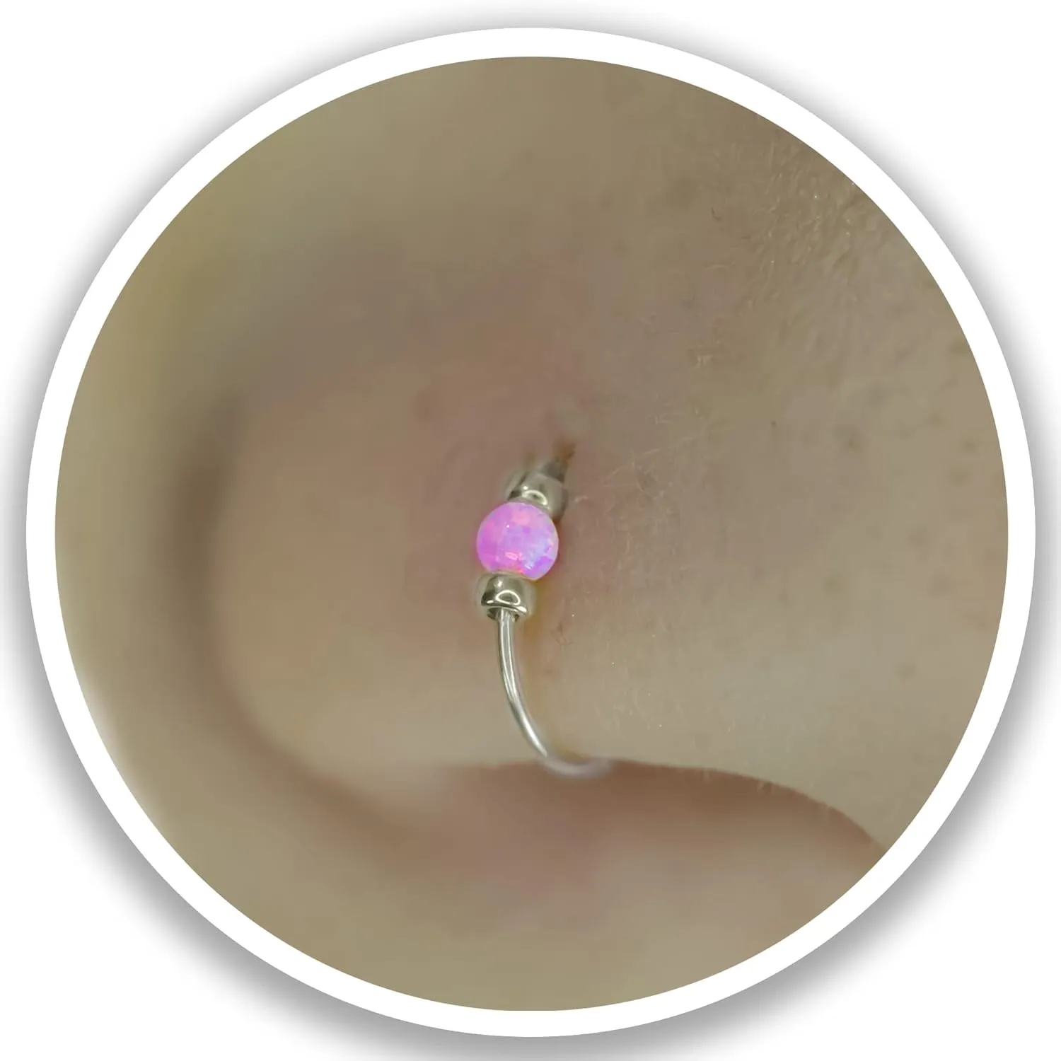 Fake Nose Ring - Silver PInk Opal Thin Tiny 24 Gauge 7mm Faux Nose Piercing - 925 Sterling Silver Clip On False Nose Rings Hoop Jewelry For Women - No Piercing Needed - Gift Ready