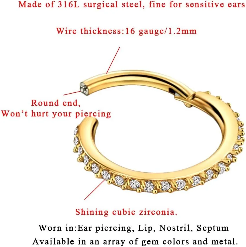 FANSING 316L Surgical Steel Zirconia Piercing Rings for Daith Helix Cartilage Conch Earlobe Ear Piercings