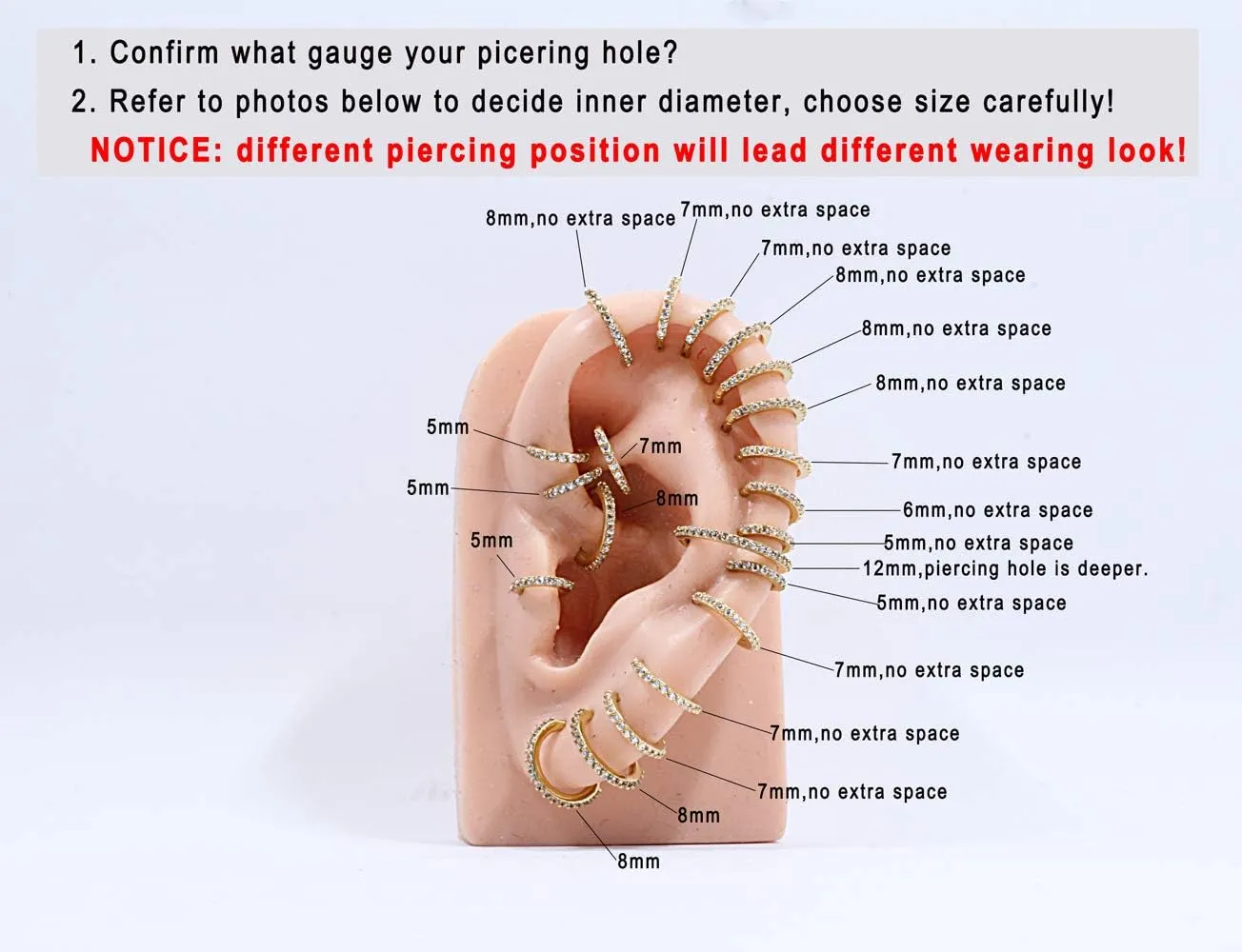FANSING 316L Surgical Steel Zirconia Piercing Rings for Daith Helix Cartilage Conch Earlobe Ear Piercings