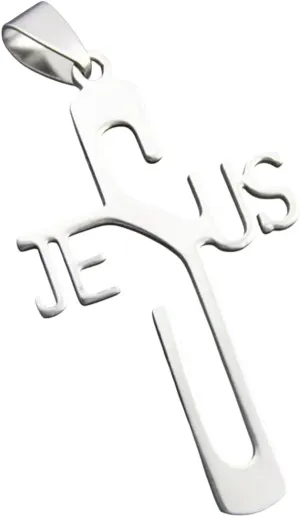 Fashion Letter Jesus Pendant Necklace Stainless Steel Silver Color Chain Hollow Cross Necklace For Men Jewelry Collier Gifts New