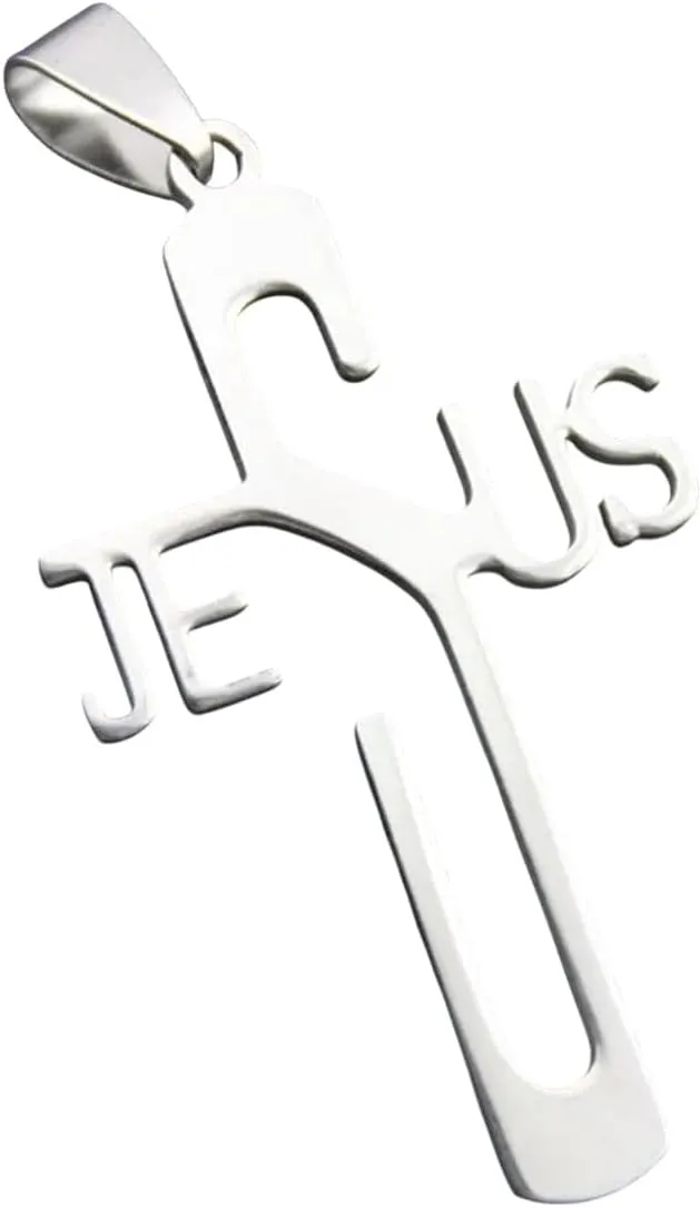 Fashion Letter Jesus Pendant Necklace Stainless Steel Silver Color Chain Hollow Cross Necklace For Men Jewelry Collier Gifts New