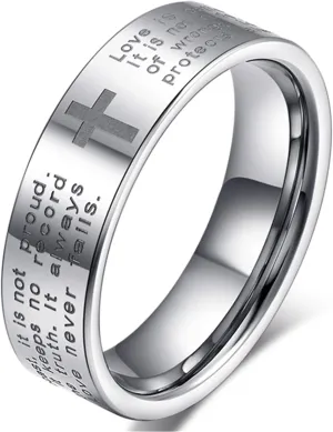 Fashion Month Men Women 8mm Tungsten Carbide Engraved English Bible Verses About Love White Ring Cross Band for Her Him