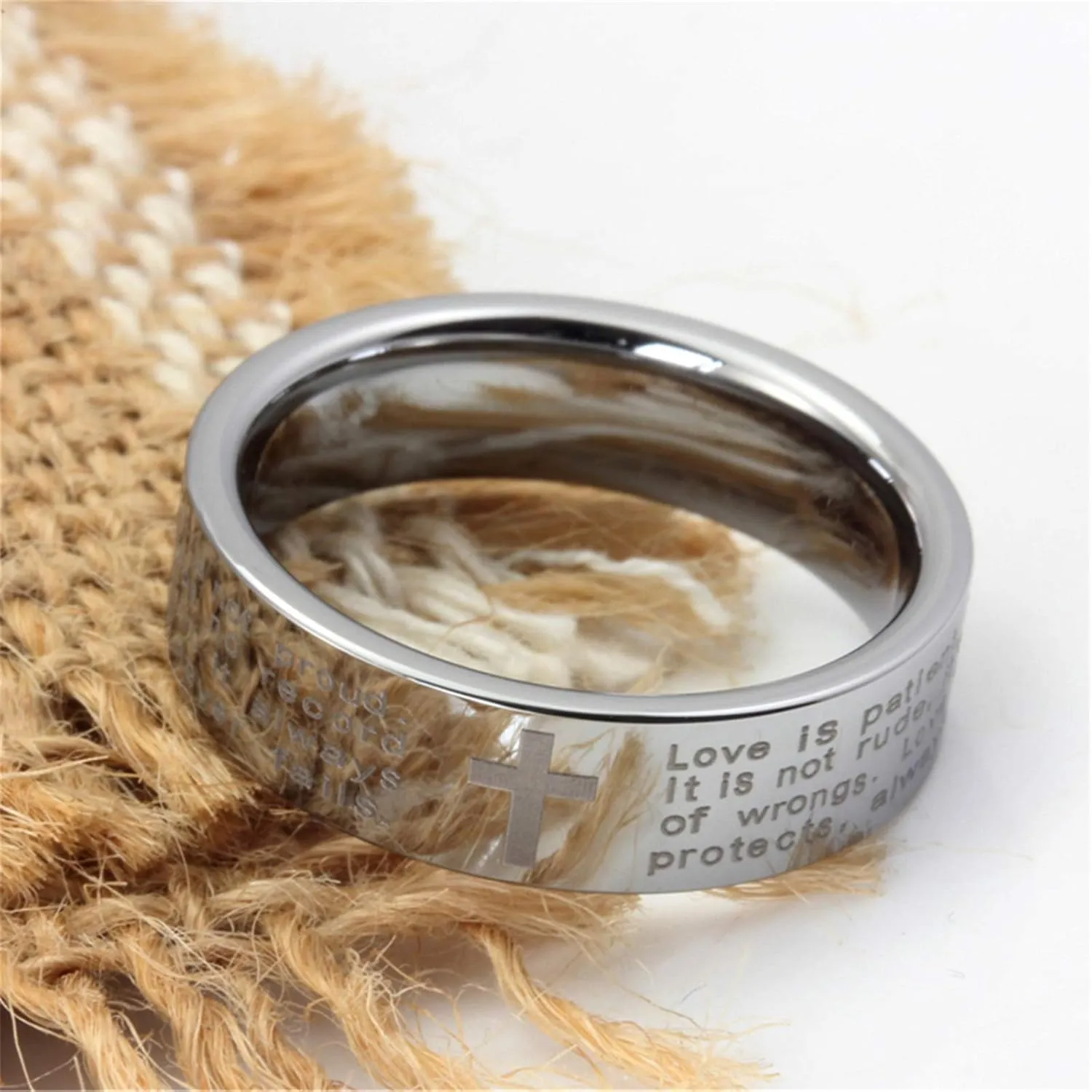 Fashion Month Men Women 8mm Tungsten Carbide Engraved English Bible Verses About Love White Ring Cross Band for Her Him