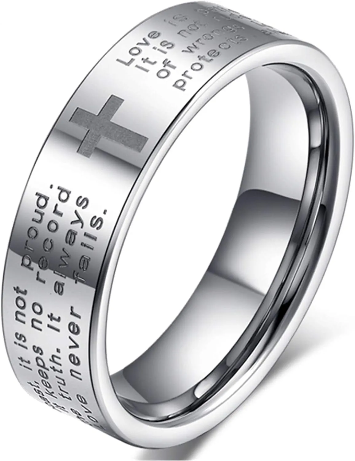 Fashion Month Men Women 8mm Tungsten Carbide Engraved English Bible Verses About Love White Ring Cross Band for Her Him