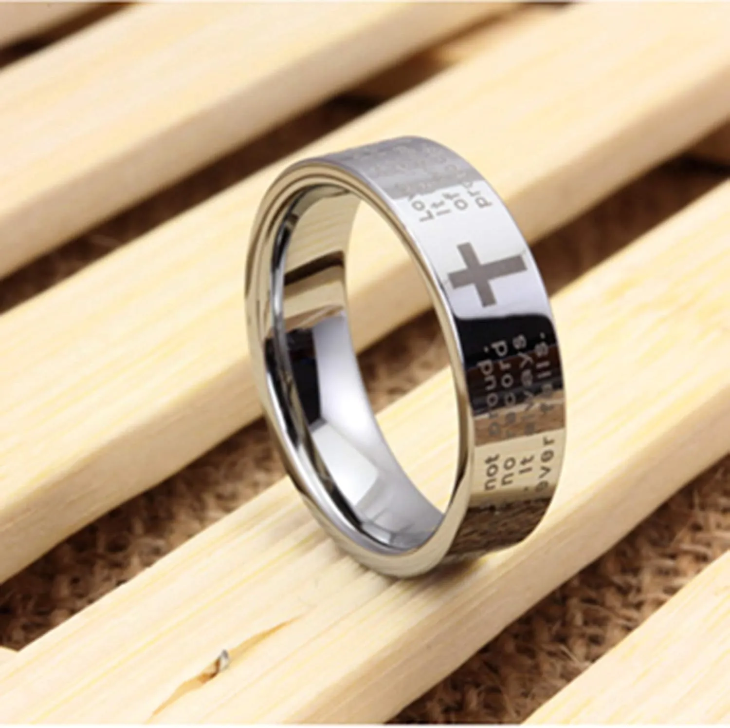 Fashion Month Men Women 8mm Tungsten Carbide Engraved English Bible Verses About Love White Ring Cross Band for Her Him
