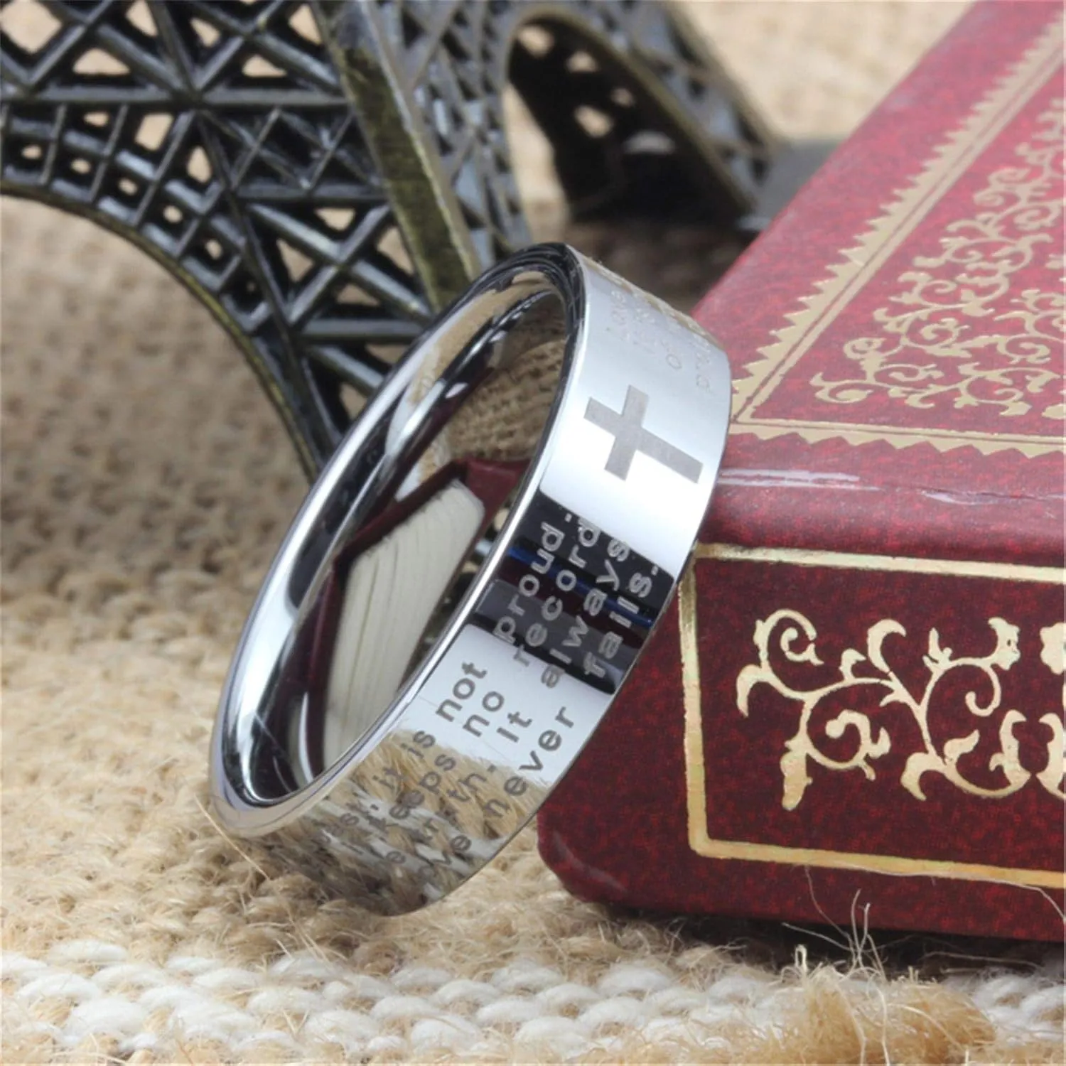 Fashion Month Men Women 8mm Tungsten Carbide Engraved English Bible Verses About Love White Ring Cross Band for Her Him