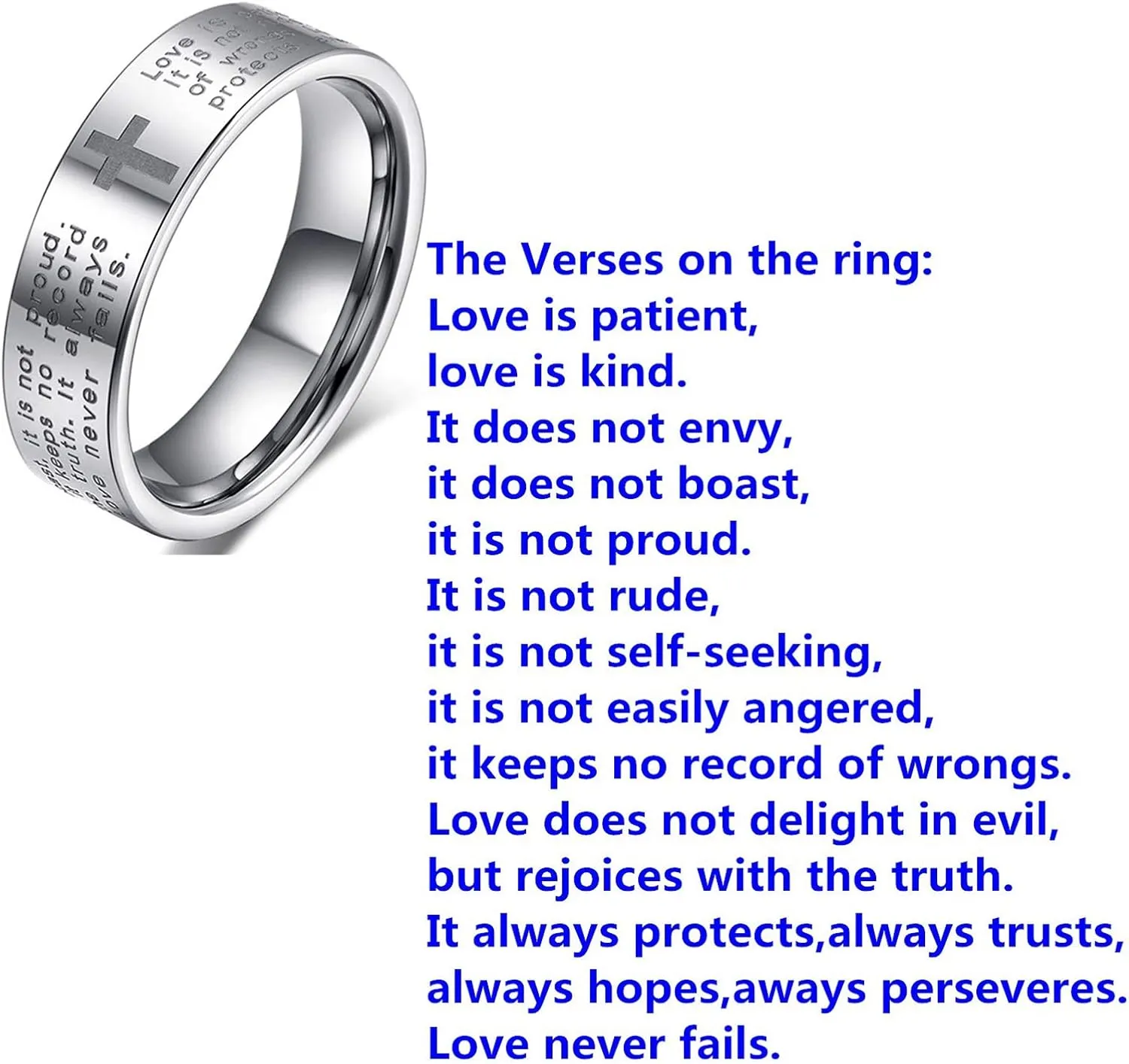 Fashion Month Men Women 8mm Tungsten Carbide Engraved English Bible Verses About Love White Ring Cross Band for Her Him