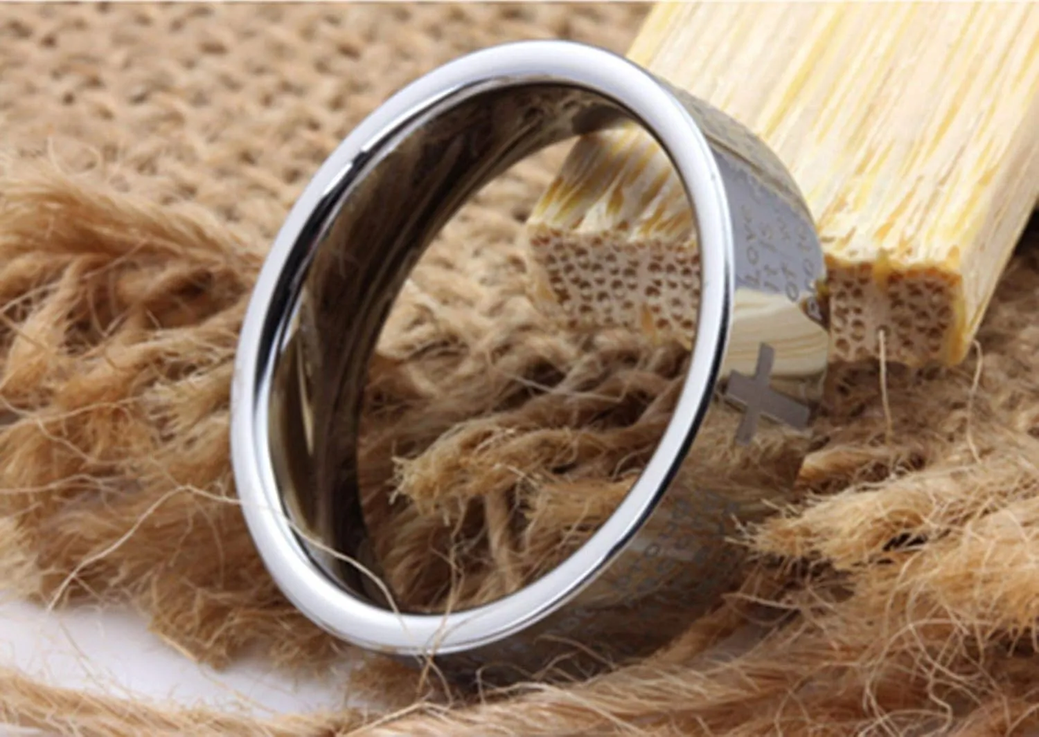 Fashion Month Men Women 8mm Tungsten Carbide Engraved English Bible Verses About Love White Ring Cross Band for Her Him