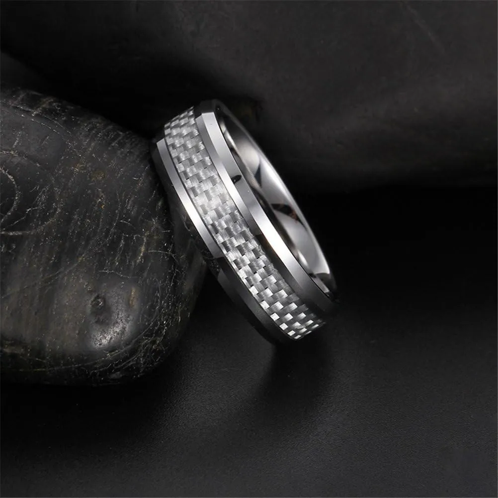Fashion Month Men Women 8mm Tungsten Carbide Ring White Carbon Fiber Inlay Vintage Wedding Engagement Promise Band