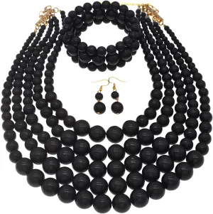 Faux Pearl Necklace Set - Multi Strand, Bib, Earrings & Bracelet - 1920s Costume Jewelry