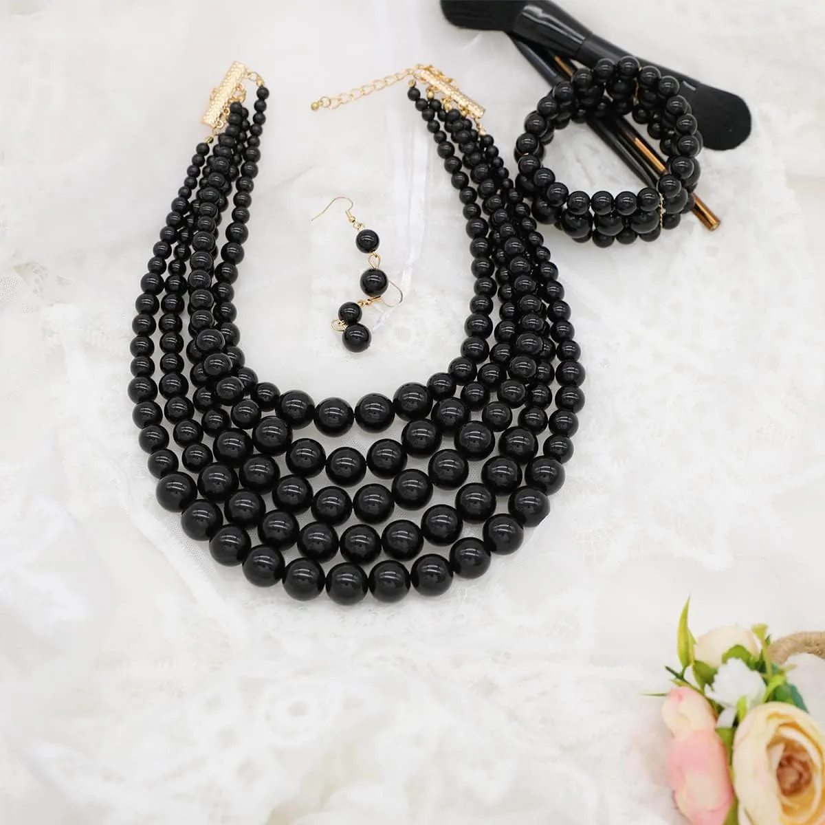 Faux Pearl Necklace Set - Multi Strand, Bib, Earrings & Bracelet - 1920s Costume Jewelry