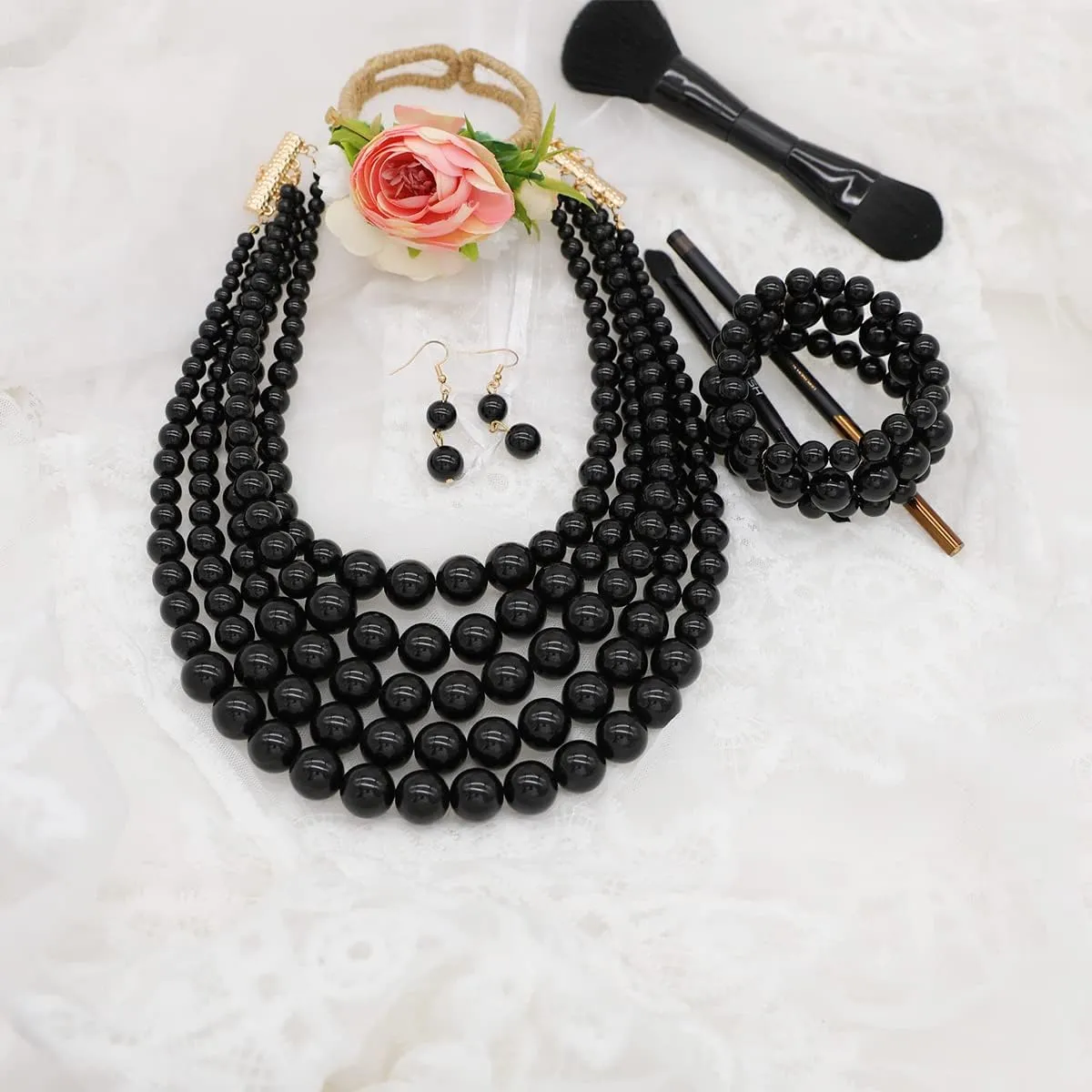 Faux Pearl Necklace Set - Multi Strand, Bib, Earrings & Bracelet - 1920s Costume Jewelry