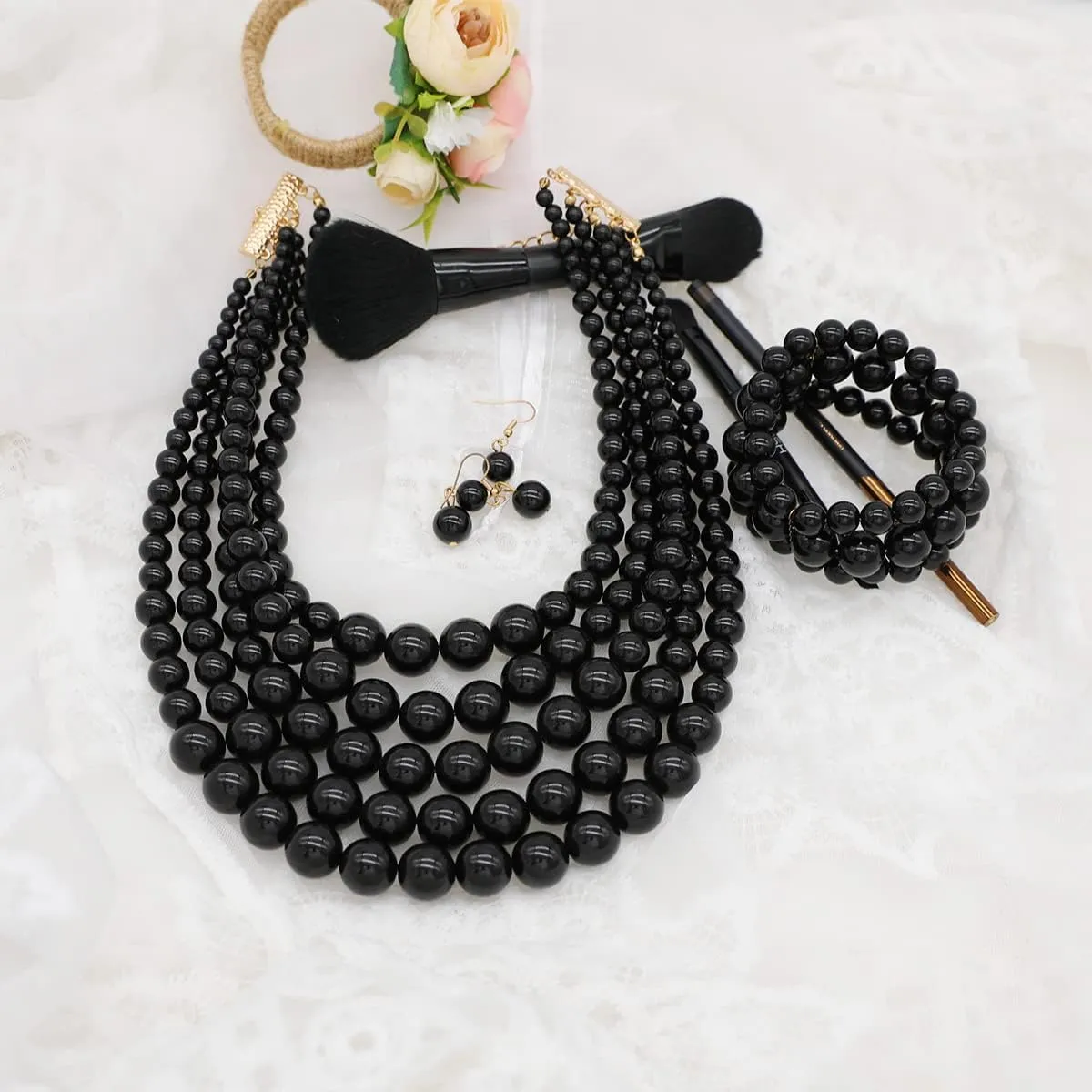 Faux Pearl Necklace Set - Multi Strand, Bib, Earrings & Bracelet - 1920s Costume Jewelry