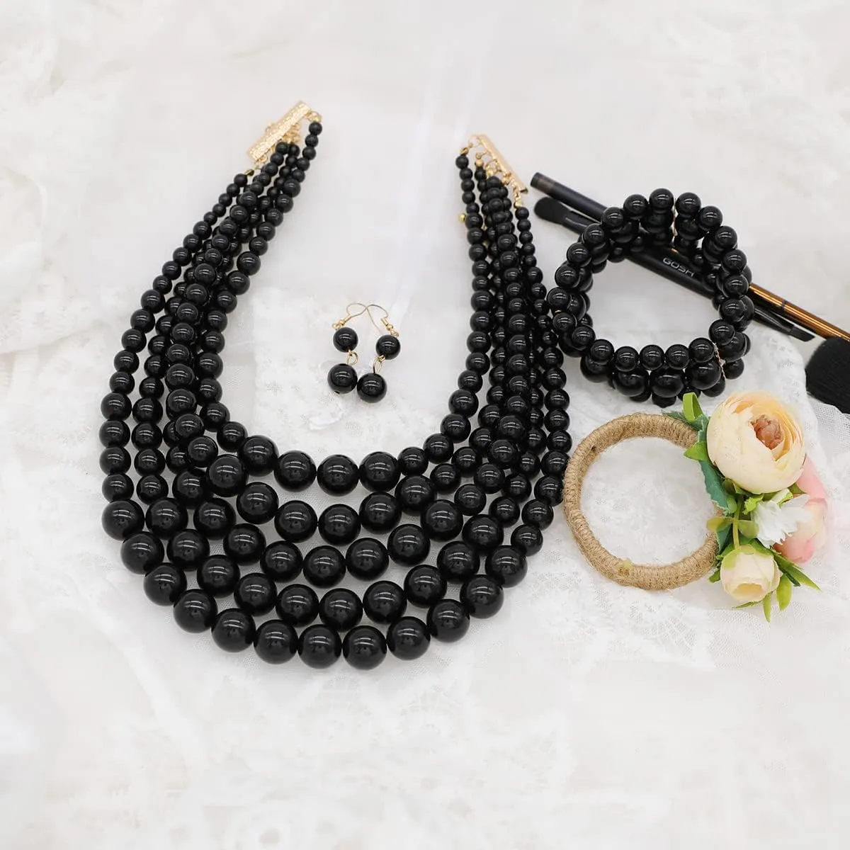 Faux Pearl Necklace Set - Multi Strand, Bib, Earrings & Bracelet - 1920s Costume Jewelry