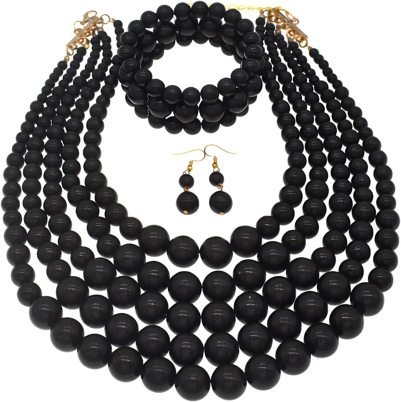 Faux Pearl Necklace Set - Multi Strand, Bib, Earrings & Bracelet - 1920s Costume Jewelry