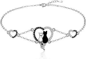 Fenthring Yin Yang Cat Bracelet Sterling Silver Cat Bracelets for Women Black White Cats Halloween Cats Lover Gifts