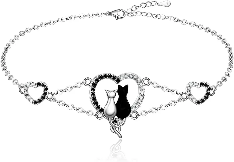 Fenthring Yin Yang Cat Bracelet Sterling Silver Cat Bracelets for Women Black White Cats Halloween Cats Lover Gifts