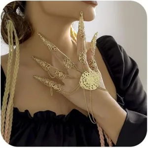 Finger Nails Tip Claw Bracelet for Women Gothic Vintage Witch Finger Hollow Rings Bracelet Belly Dance Hand Chain Indian Bracelet for Halloween Masquerade Cosplay Costume Jewelry