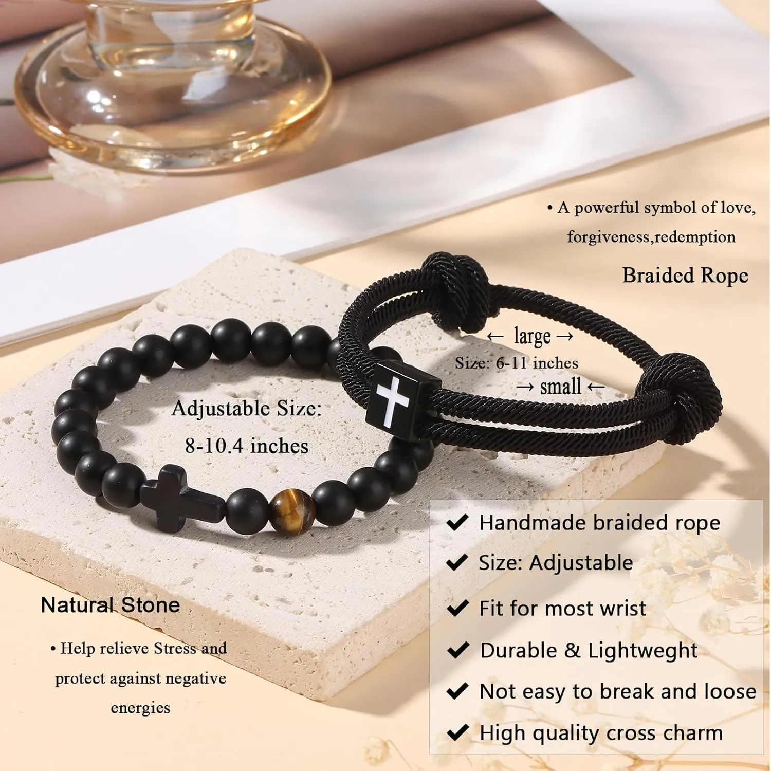 FIRAZIO 2PCS Christian Easter Gifts for Men, Easter Basket Stuffers Cross Bracelet for Men Birthday Confirmation Christian Gifts,Inspirational Faith Based Jesus Bracelets