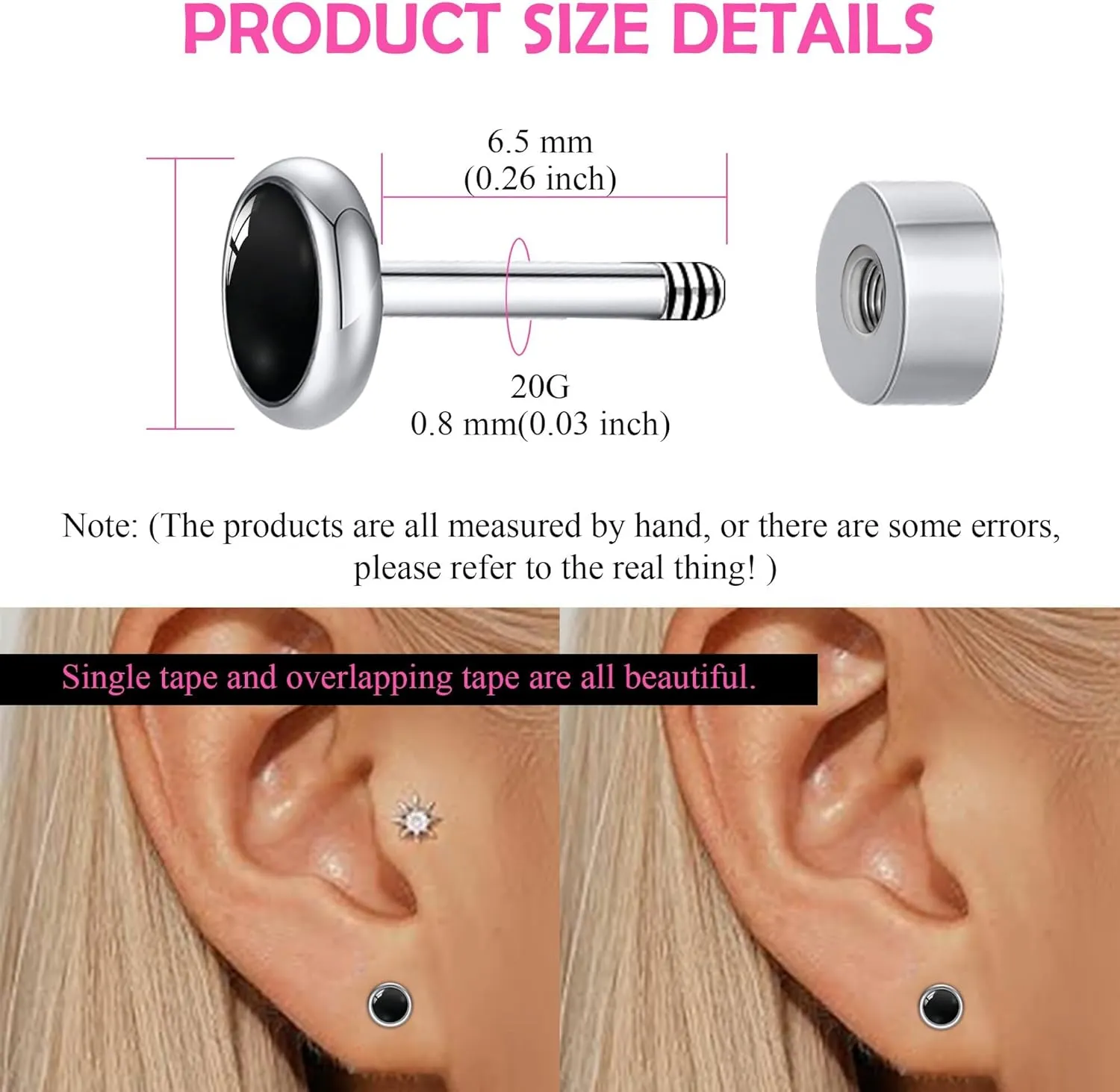 Flat Back Earrings for Women, G23 Titanium Hypoallergenic Onyx Earrings, Stone Flat Back Studs Earring for Multiple Piercings Flatback Earring Sensitive Ears