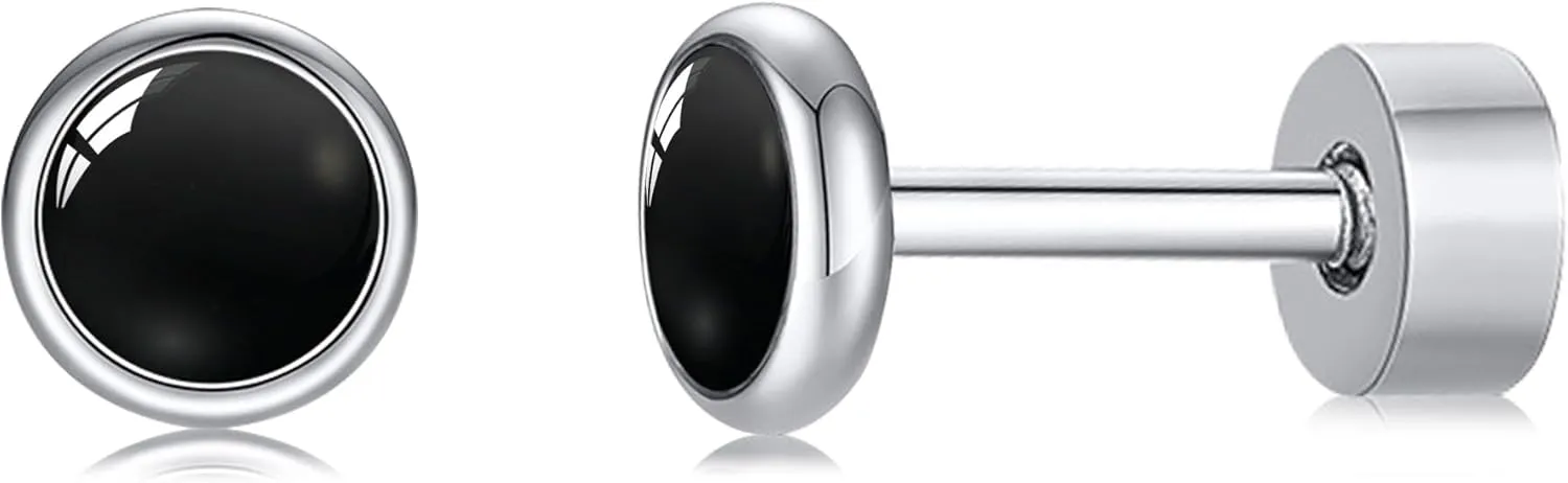 Flat Back Earrings for Women, G23 Titanium Hypoallergenic Onyx Earrings, Stone Flat Back Studs Earring for Multiple Piercings Flatback Earring Sensitive Ears
