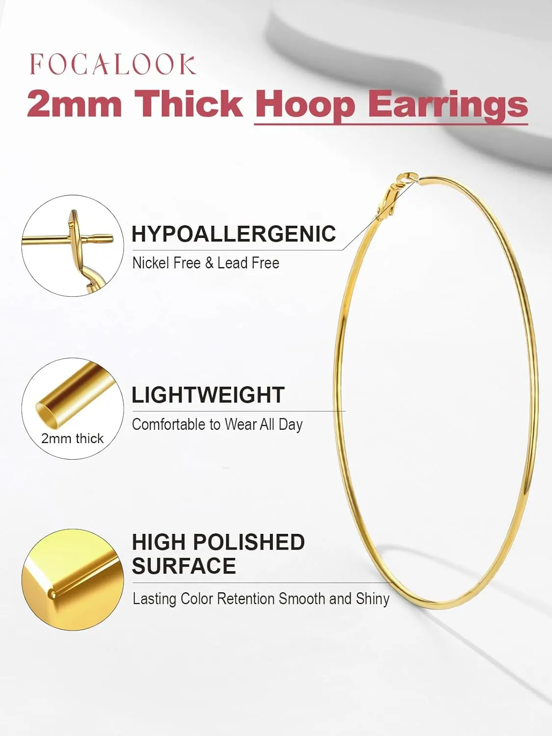 FOCALOOK 14K Gold Plated Lightweight Large Hoops| 2mm Thin Hoop Earrings for Women 30/40/50/70/100mm