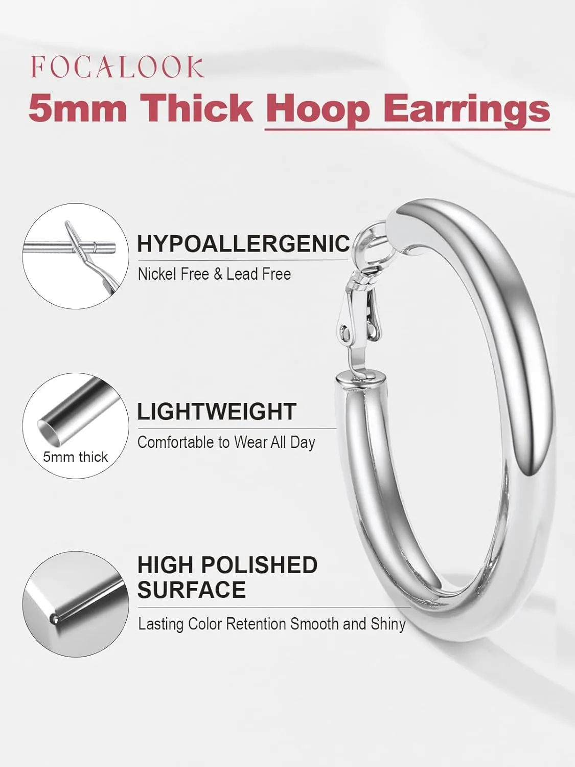 FOCALOOK Hoop Earrings for Women - Lightweight Large Hoops 14K Gold Chunky Earrings Hypoallergenic 5mm Thick Silver Black Hoop Earrings | Custom Name Jewelry 30mm 40mm 60mm 80mm