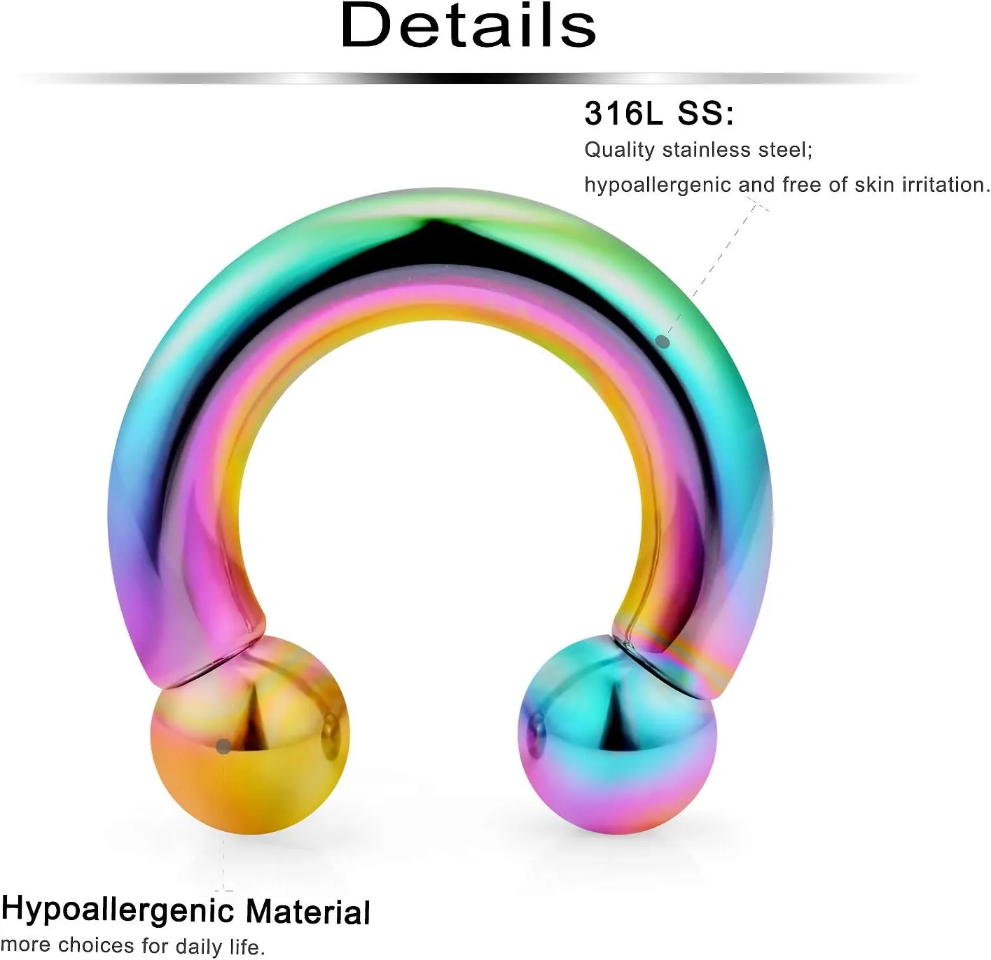 Ftovosyo PA Ring Internally Threaded Rainbow Circular Barbells Horseshoe Large Septum Ring Ear Gauges Earrings 2G 4G 6G 8G 12mm/16mm 316L Surgical Steel Pierced Body Jewelry for Women Men