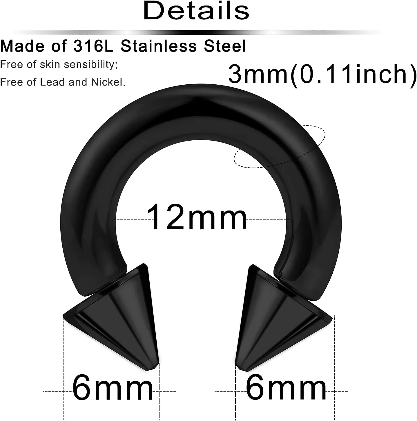 Ftovosyo PA Ring Internally Threaded Spike Circular Barbells Horseshoe Black Large Septum Ring Ear Gauges Earrings 2G 4G 6G 8G 12mm/16mm Surgical Steel Pierced Body Jewelry for Women Men