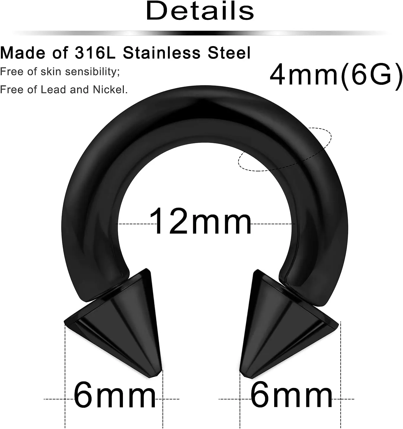 Ftovosyo PA Ring Internally Threaded Spike Circular Barbells Horseshoe Black Large Septum Ring Ear Gauges Earrings 2G 4G 6G 8G 12mm/16mm Surgical Steel Pierced Body Jewelry for Women Men