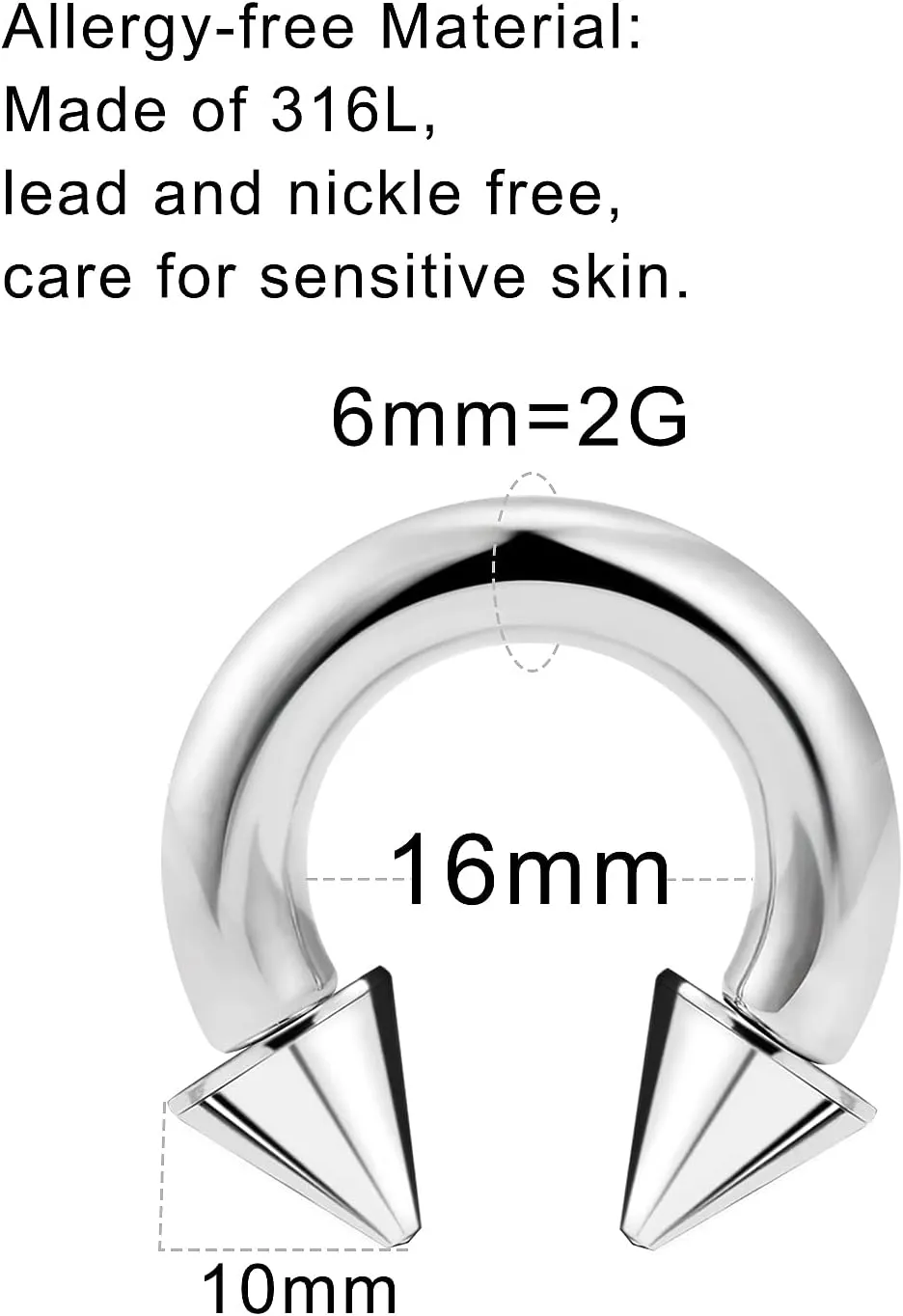 Ftovosyo PA Ring Internally Threaded Spike Circular Barbells Horseshoe Large Septum Ring Ear Gauges Earrings 2G 4G 6G 8G 10G 12mm/16mm 316L Surgical Steel Pierced Body Jewelry for Women Men