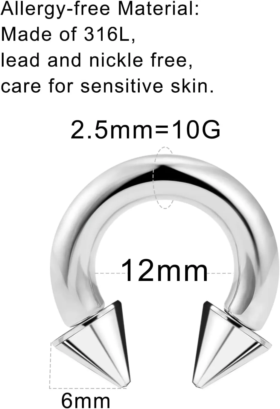 Ftovosyo PA Ring Internally Threaded Spike Circular Barbells Horseshoe Large Septum Ring Ear Gauges Earrings 2G 4G 6G 8G 10G 12mm/16mm 316L Surgical Steel Pierced Body Jewelry for Women Men