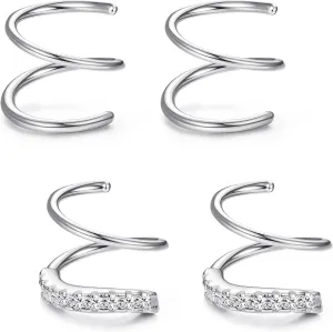 FUNRUN JEWELRY 2Pairs 925 Sterling Silver Twist Wrap Spiral Earrings for Women Double Hoop Climber Cuff Earrings Hypoallergenic Tiny CZ Cartilage Twist Piercing Earrings
