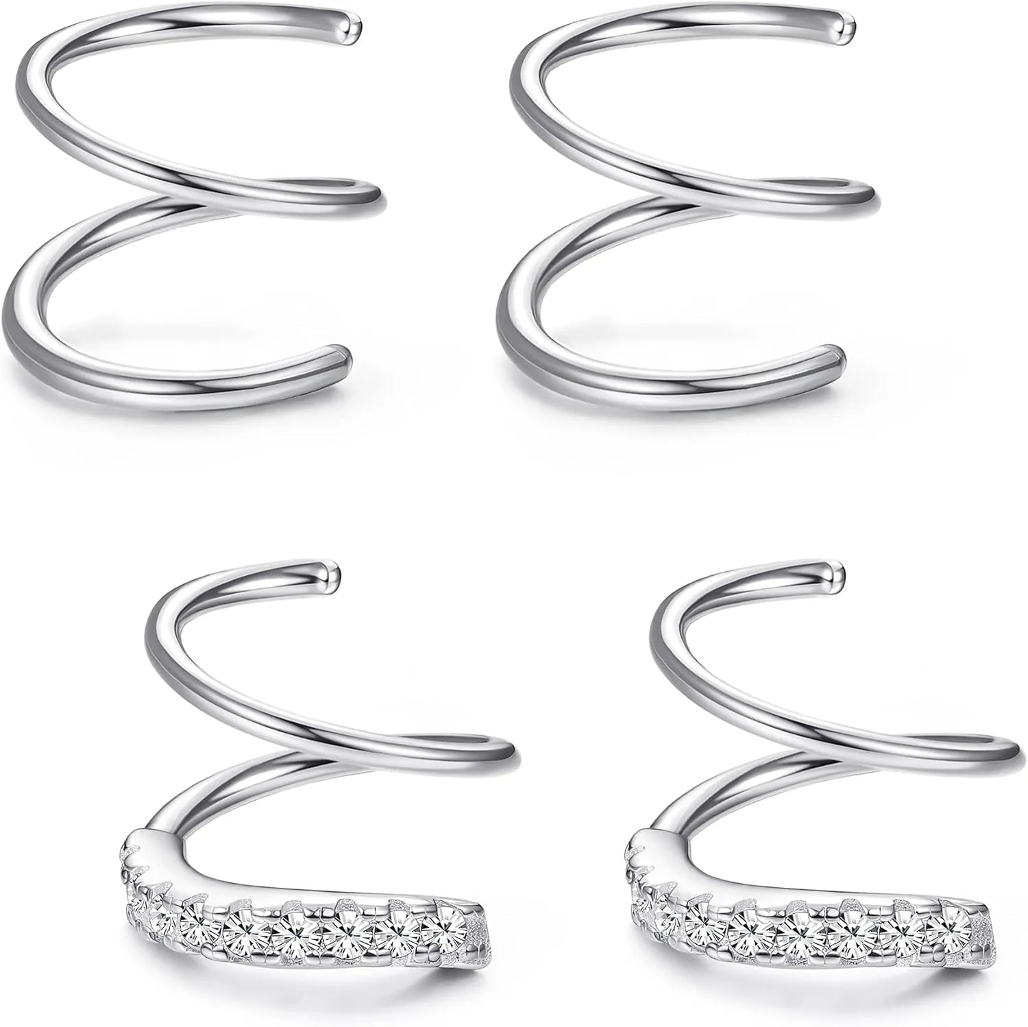 FUNRUN JEWELRY 2Pairs 925 Sterling Silver Twist Wrap Spiral Earrings for Women Double Hoop Climber Cuff Earrings Hypoallergenic Tiny CZ Cartilage Twist Piercing Earrings