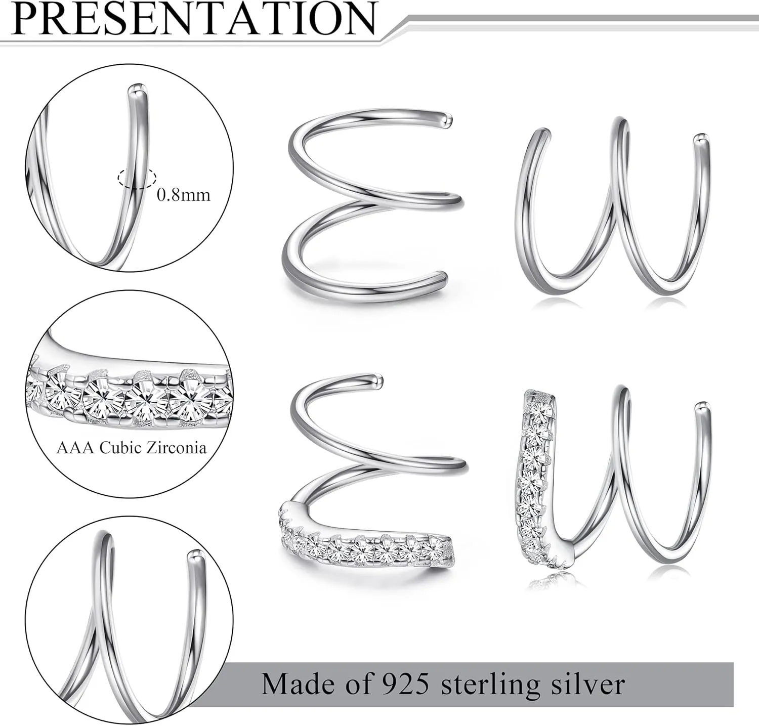 FUNRUN JEWELRY 2Pairs 925 Sterling Silver Twist Wrap Spiral Earrings for Women Double Hoop Climber Cuff Earrings Hypoallergenic Tiny CZ Cartilage Twist Piercing Earrings