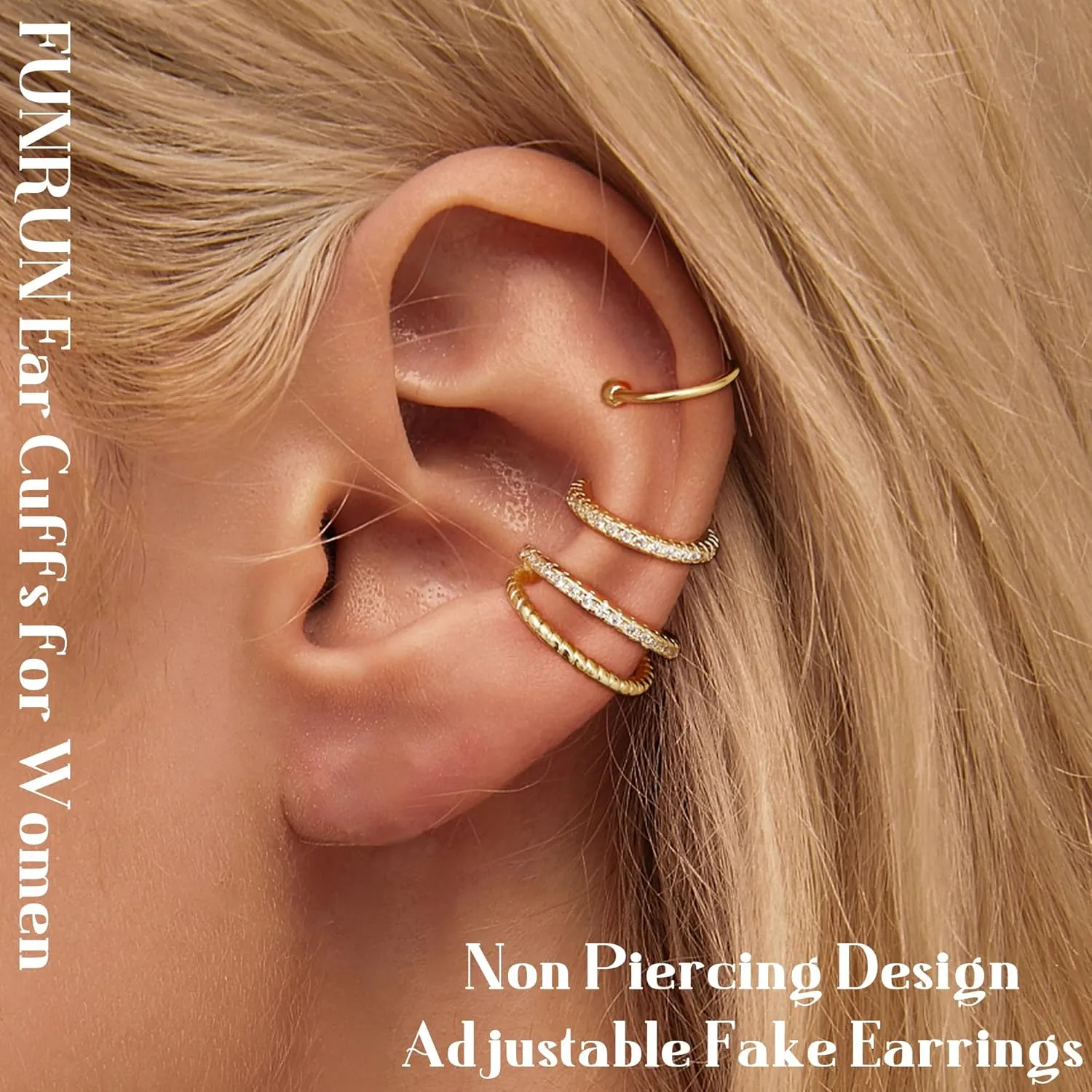 FUNRUN JEWELRY Ear Cuff Earrings for Women Non Piercing 14K Gold Plated Ear Cuffs Non Pierced Adjustable Fake Earrings 3-4PCS