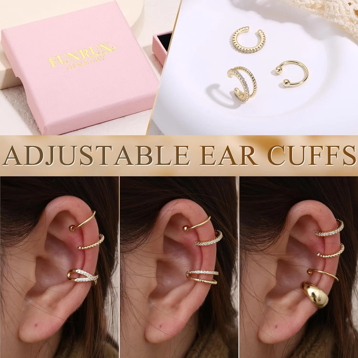 FUNRUN JEWELRY Ear Cuff Earrings for Women Non Piercing 14K Gold Plated Ear Cuffs Non Pierced Adjustable Fake Earrings 3-4PCS