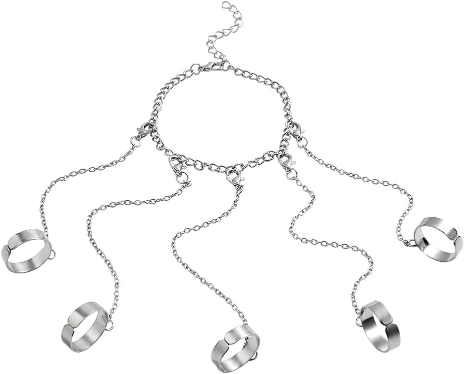 Fuqimanman2020 Punk Adjustable Chain Finger Rings Bracelet Hand Harness Layered Stackable Gothic Cool Statement Cosplay Biker Jewelry for Women Men