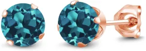 Gem Stone King 1.00 Ct Round 5mm London Blue Topaz 18K Rose Gold Plated Silver Stud Earrings For Women Men