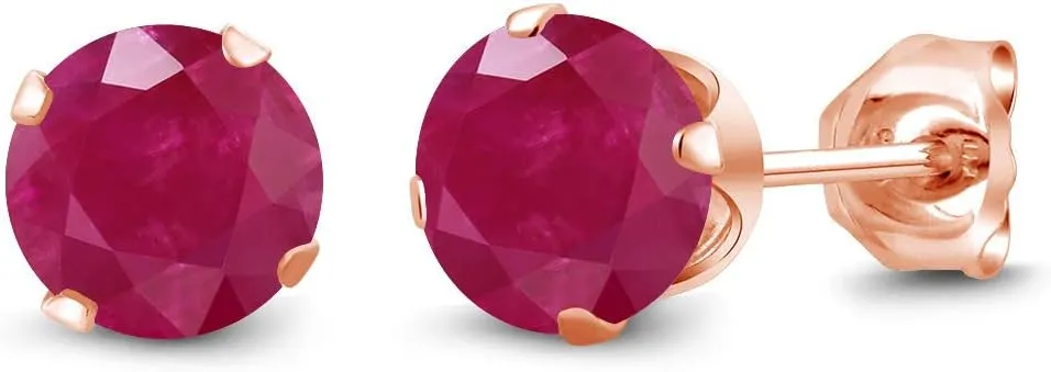 Gem Stone King 1.10 Ct Round 5mm Red Ruby 18K Rose Gold Plated Silver Stud Earrings For Women Men