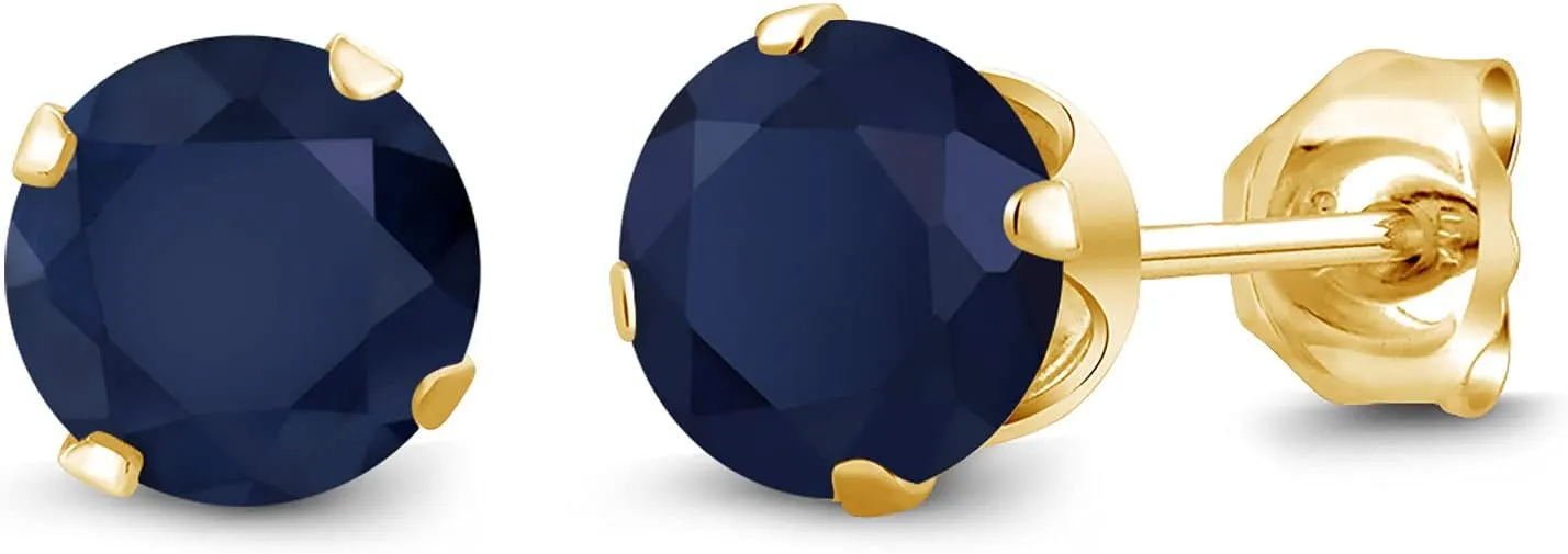 Gem Stone King 1.20 Ct Round 5mm Blue Sapphire 18K Yellow Gold Plated Silver Stud Earrings For Women Men