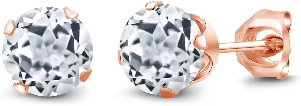 Gem Stone King 1.20 Ct Round Shape White Topaz 18K Rose Gold Plated Silver Stud Earrings For Women Men