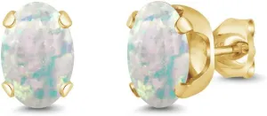 Gem Stone King 1.26 Ct Oval Cabochon 7x5mm White Simulated Opal 18K Yellow Gold Plated Silver Stud Earrings For Women Men