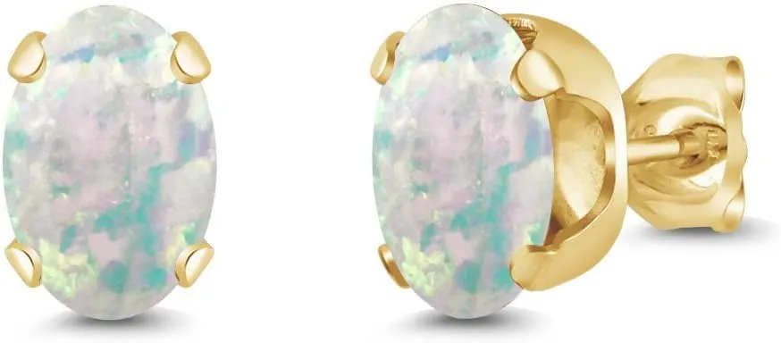 Gem Stone King 1.26 Ct Oval Cabochon 7x5mm White Simulated Opal 18K Yellow Gold Plated Silver Stud Earrings For Women Men