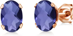Gem Stone King 1.30 Ct Oval Checkerboard 7x5mm Blue Iolite 18K Rose Gold Plated Silver Stud Earrings For Women Men