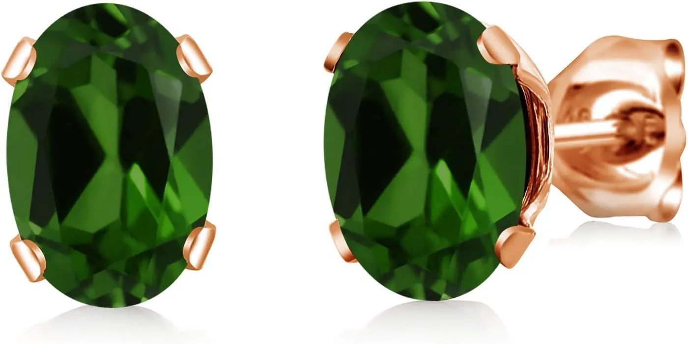 Gem Stone King 1.40 Ct 7x5mm Green Chrome Diopside 18K Rose Gold Plated Silver Stud Earrings For Women Men