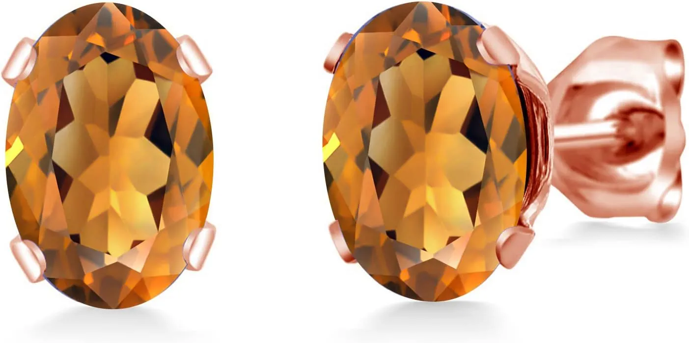Gem Stone King 1.40 Ct 7x5mm Orange Red Madeira Citrine Brass Rose Gold Plated Brass Stud Earrings For Women Men