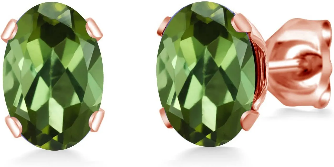 Gem Stone King 1.40 Ct Oval 7x5mm Green Tourmaline Brass Rose Gold Plated Brass Stud Earrings For Women Men