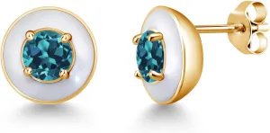 Gem Stone King 1.40 Ct Round 5mm London Blue Topaz 18K Yellow Gold Plated Silver White Enamel Stud Earrings For Women Men