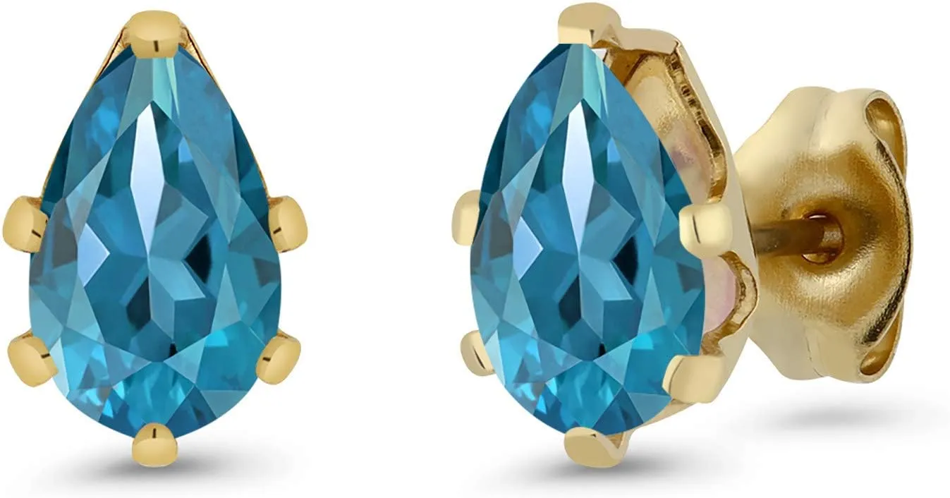 Gem Stone King 1.86 Ct 8x5mm London Blue Topaz Brass Yellow Gold Plated Brass Stud Earrings For Women Men
